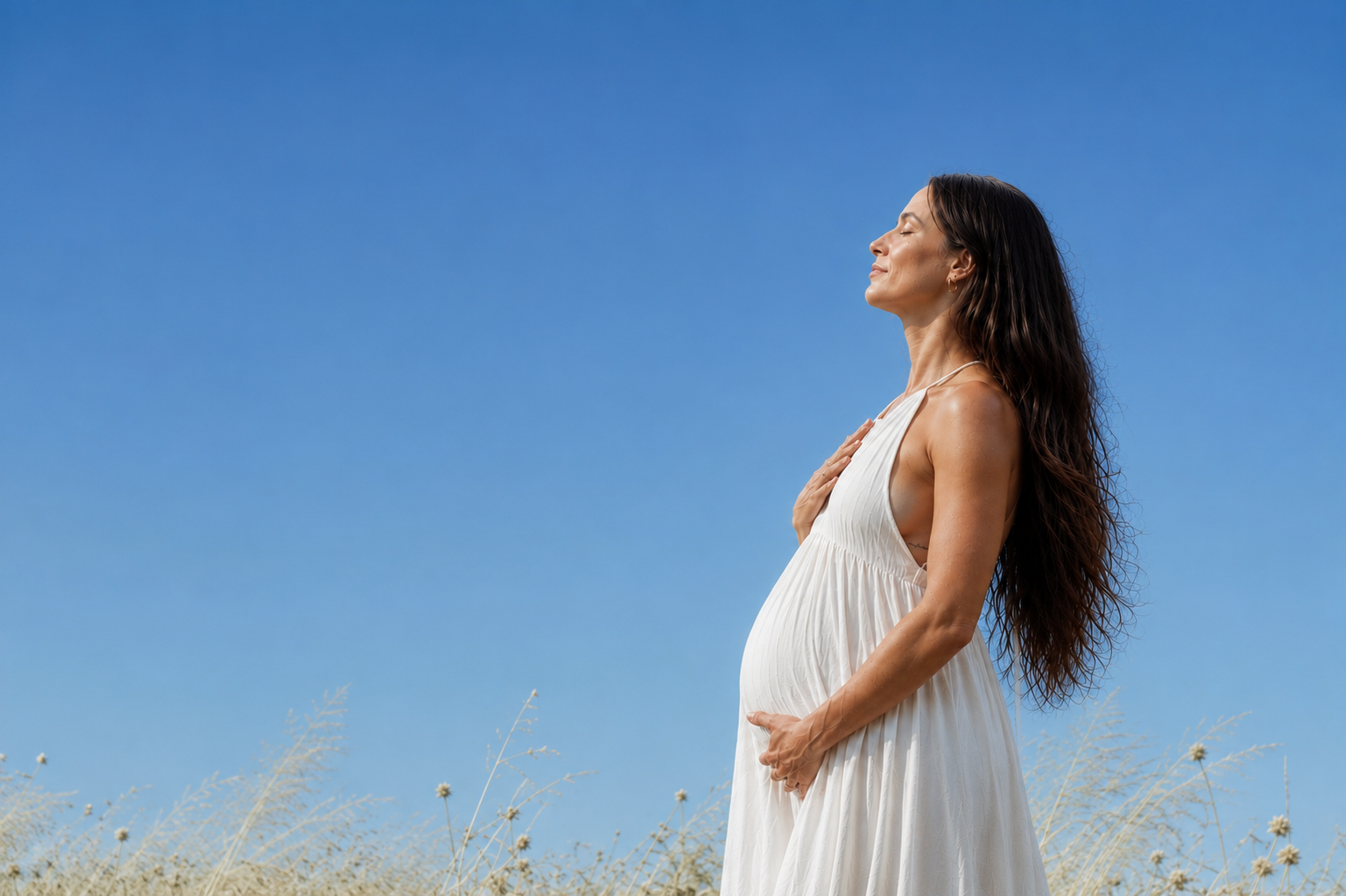 Pregnant mother standing in dry grass, hands on her belly